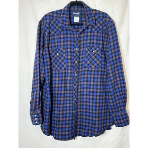 Men's Vintage Wrangler Buffalo Plaid Flannel Shirt Pearl Snap Buttons Size XLT